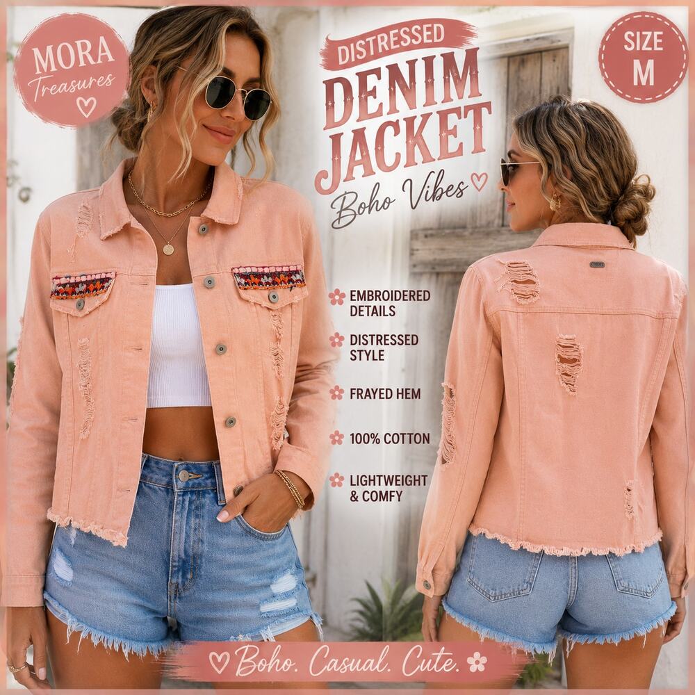 MORA Boho Distressed Pink Denim Jacket Festival Coastal Cowgirl